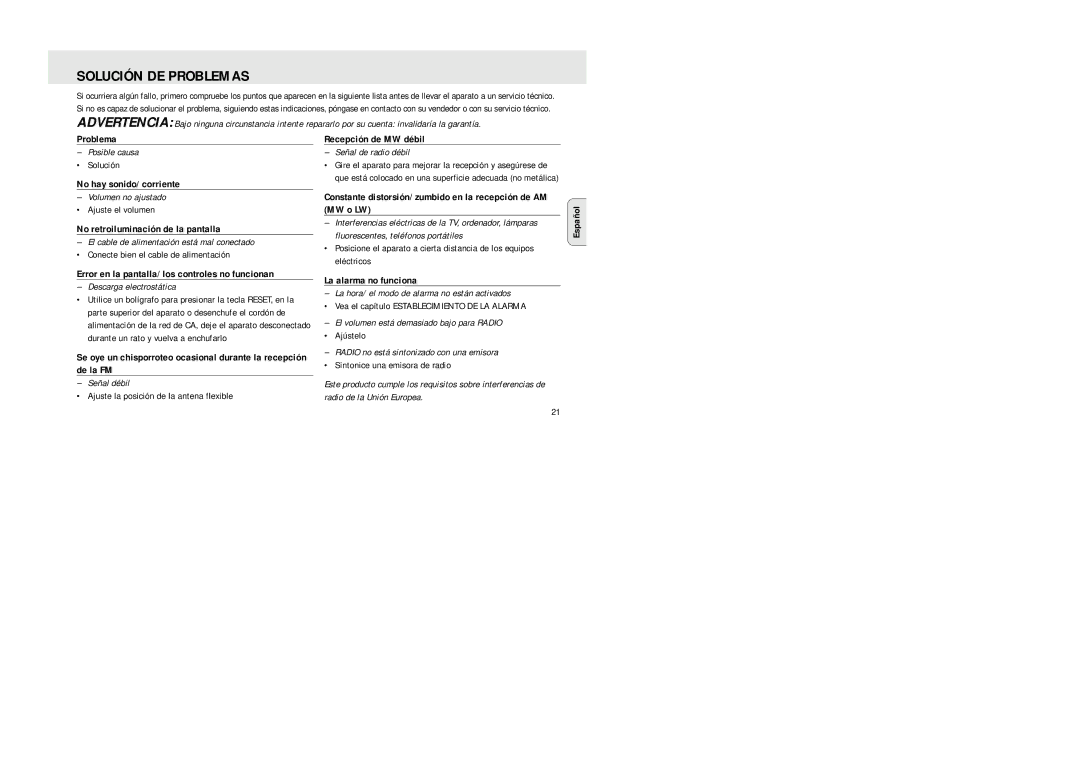 Philips AJ 3010 manual Solución DE Problemas 