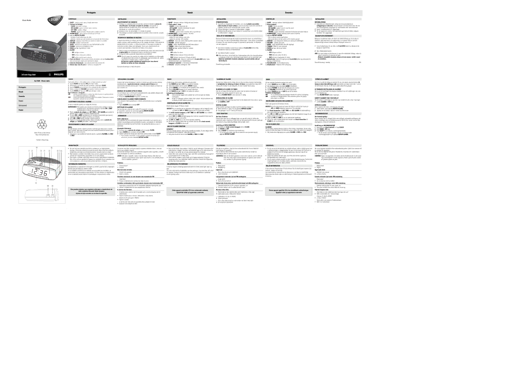 Philips AJ 3120 manual Controlos, 4SLEEP OFF /REPEAT Alarm, Instalação Abastecimento DE Corrente, BACK-UP AF Hukommelsen 