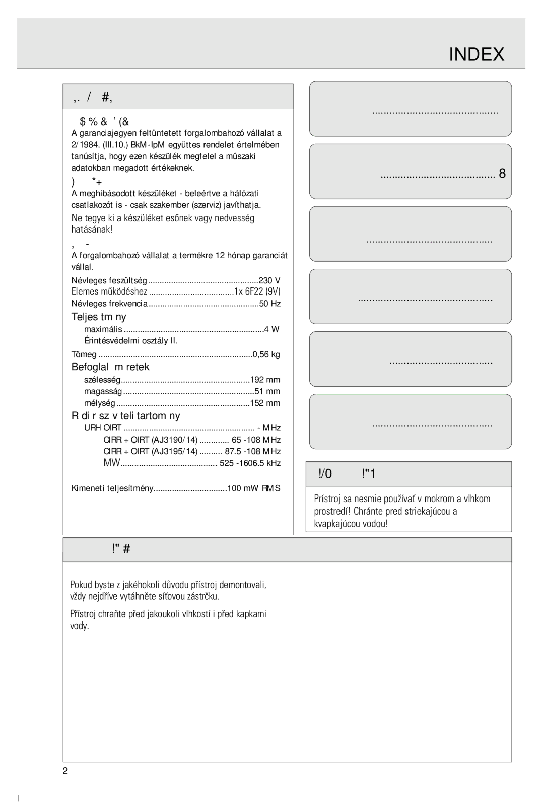 Philips AJ 3190, AJ 3195 manual Index 