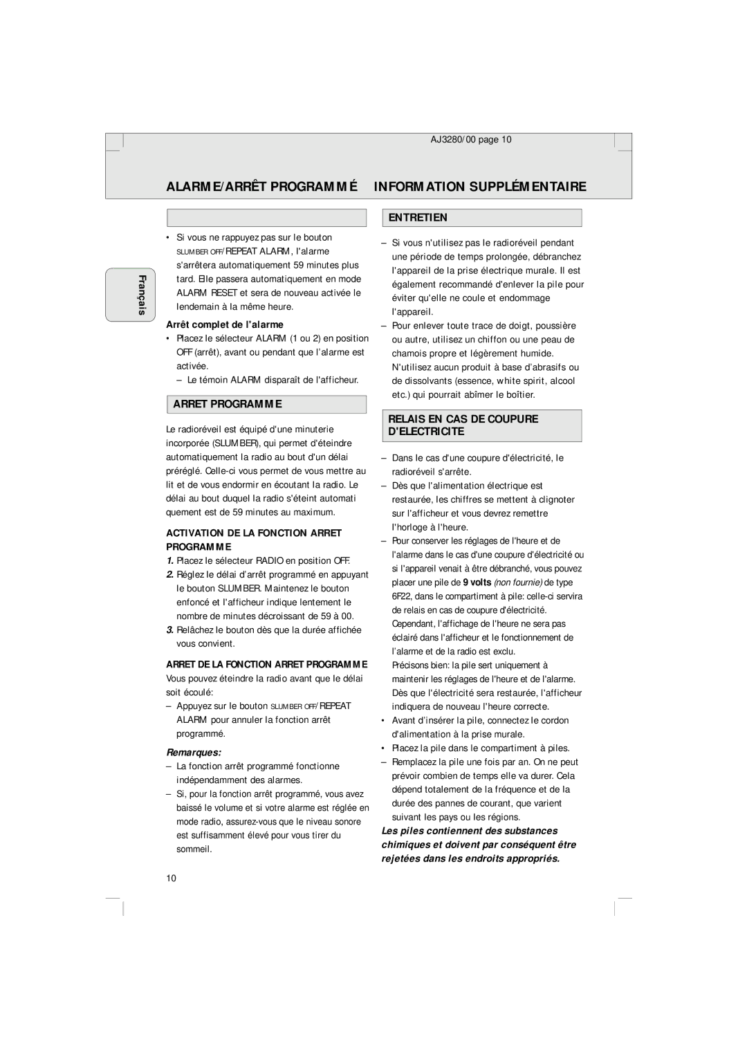 Philips AJ 3280 manual Arret Programme, Entretien, Relais EN CAS DE Coupure Delectricite, Remarques 