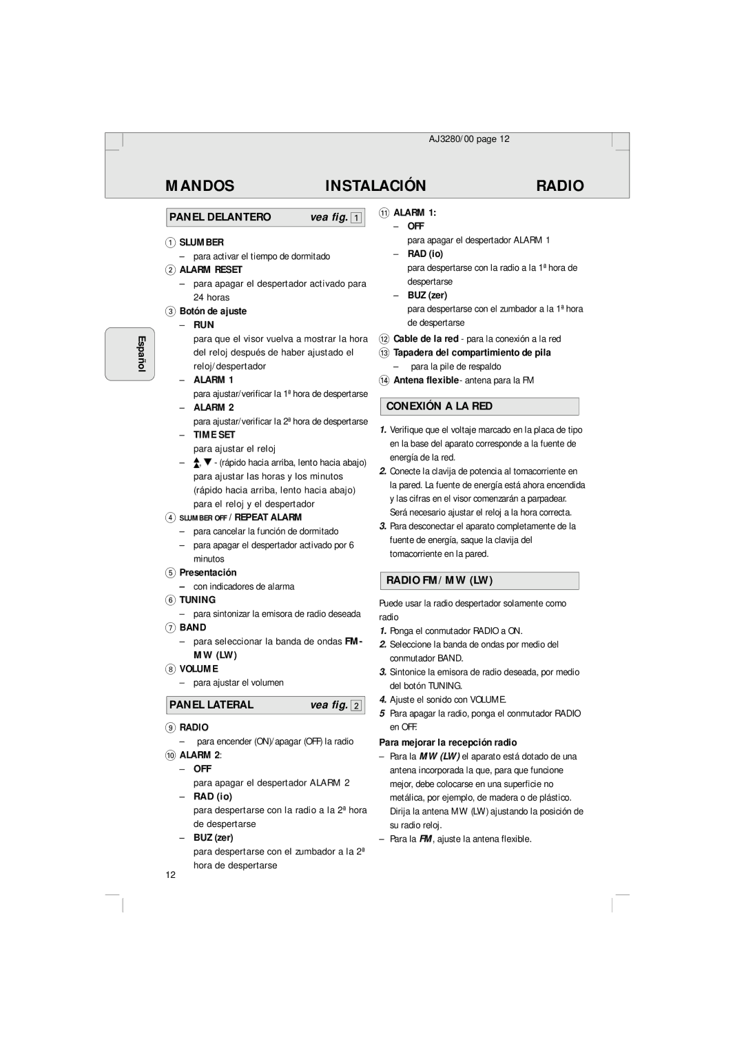 Philips AJ 3280 manual Mandos, Radio, Vea fig 