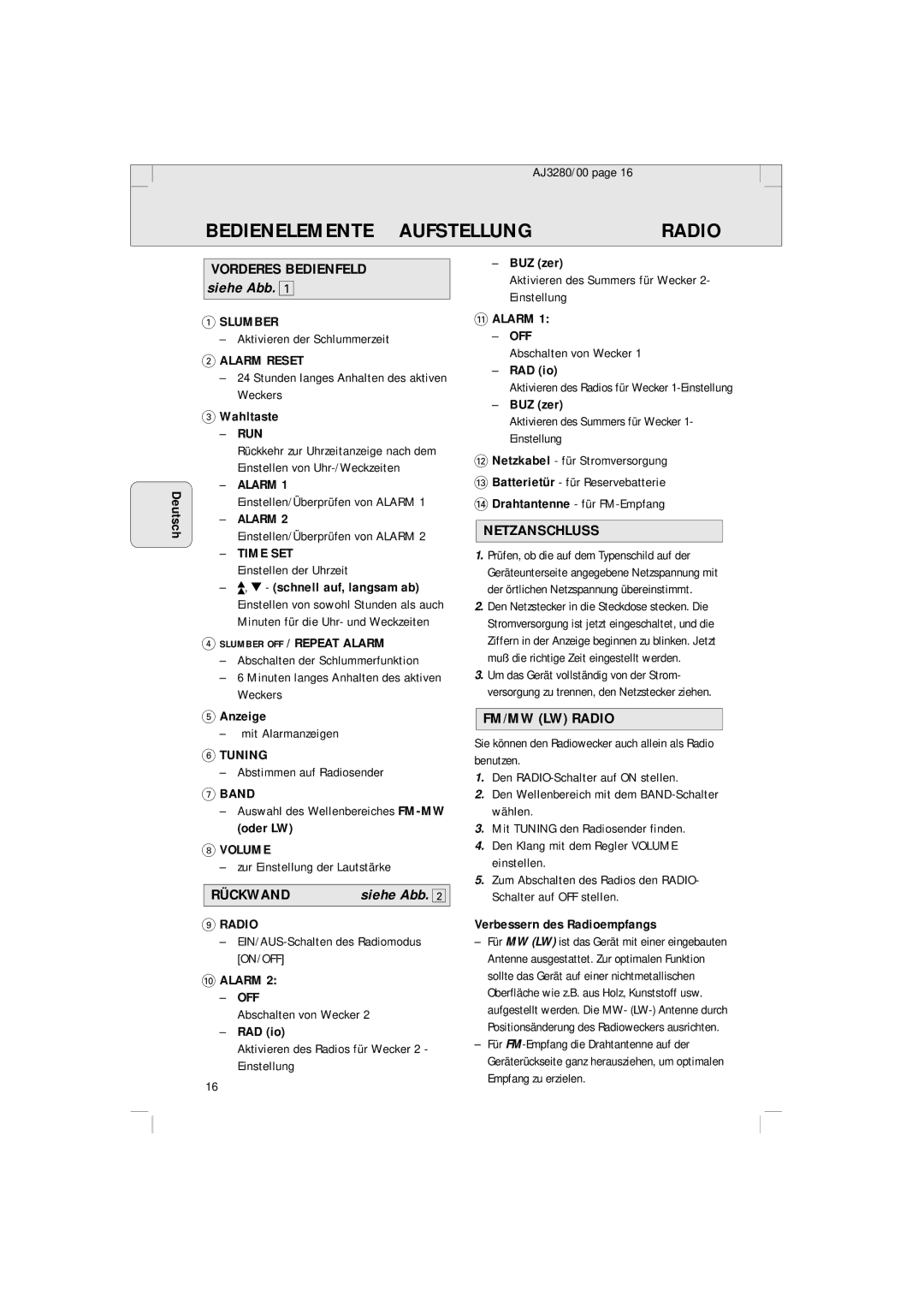 Philips AJ 3280 manual Bedienelemente Aufstellung, Rückwand, Siehe Abb, Netzanschluss 