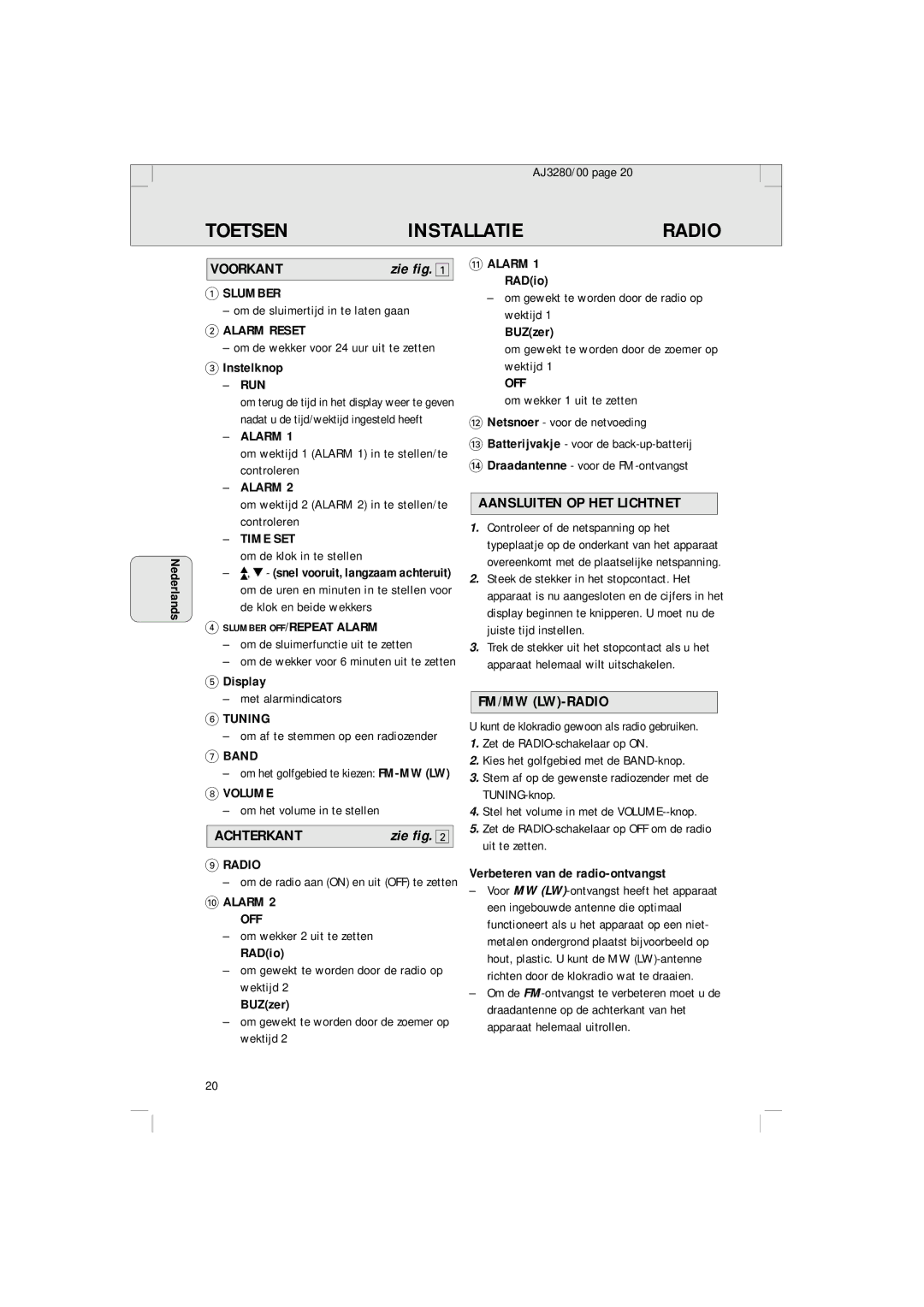 Philips AJ 3280 manual Toetsen, Zie fig 