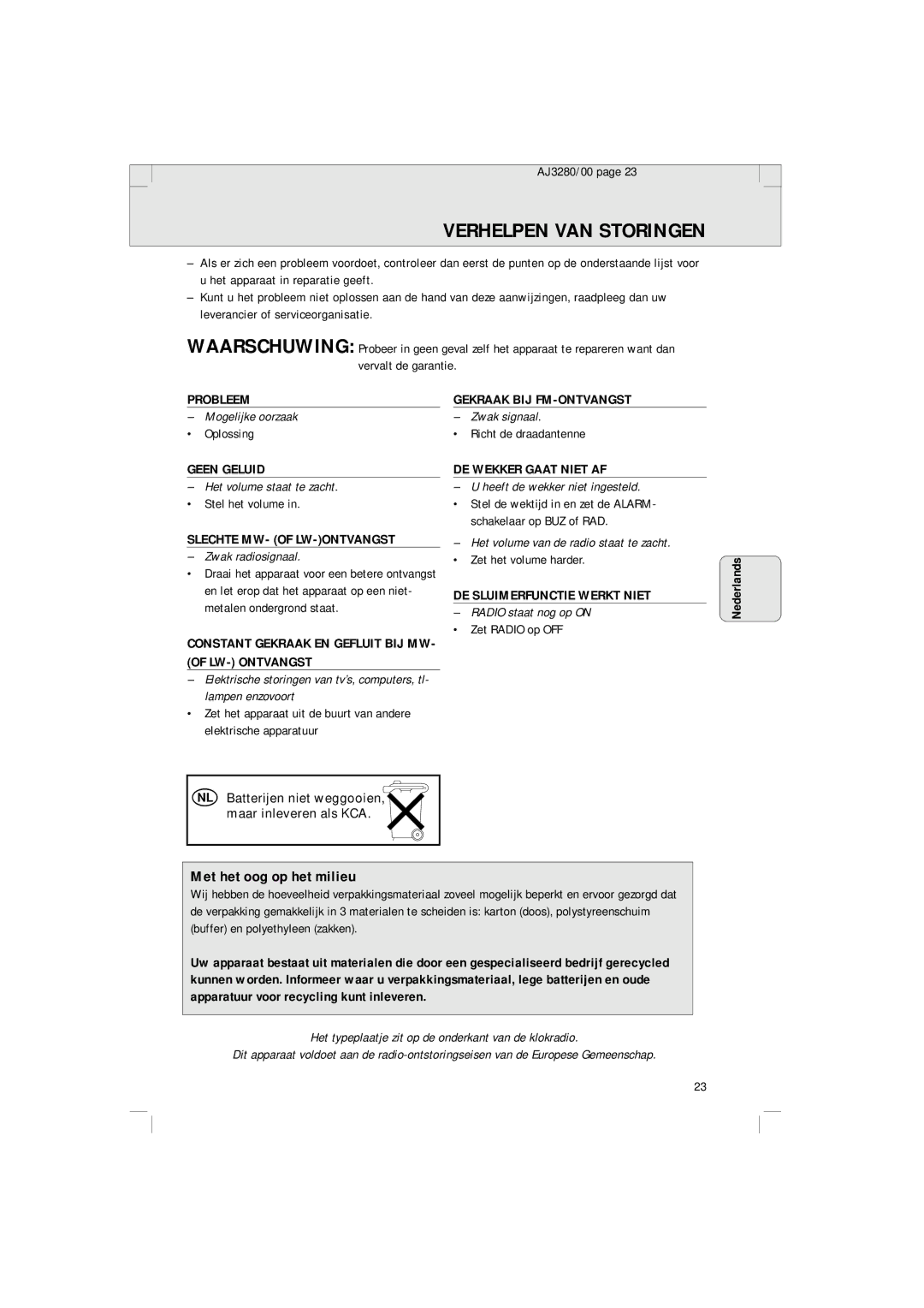 Philips AJ 3280 Verhelpen VAN Storingen, Slechte MW- of LW-ONTVANGST, Constant Gekraak EN Gefluit BIJ MW- of LW- Ontvangst 