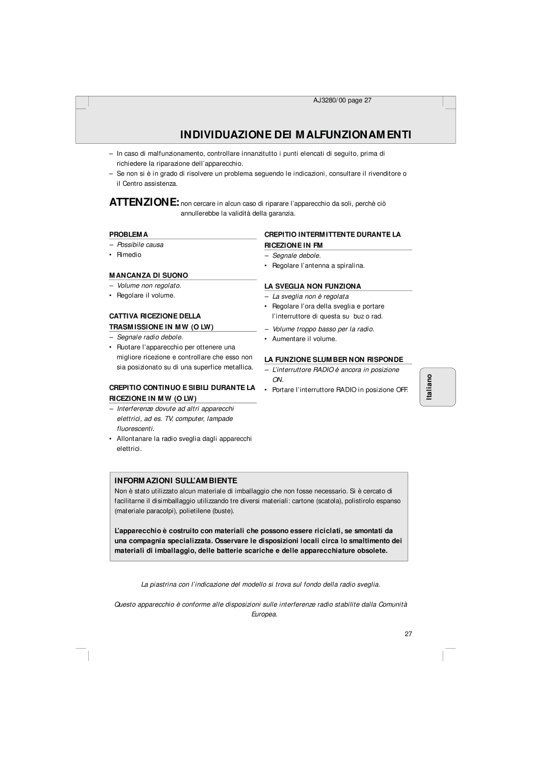 Philips AJ 3280 manual Individuazione DEI Malfunzionamenti, Informazioni SULL’AMBIENTE 