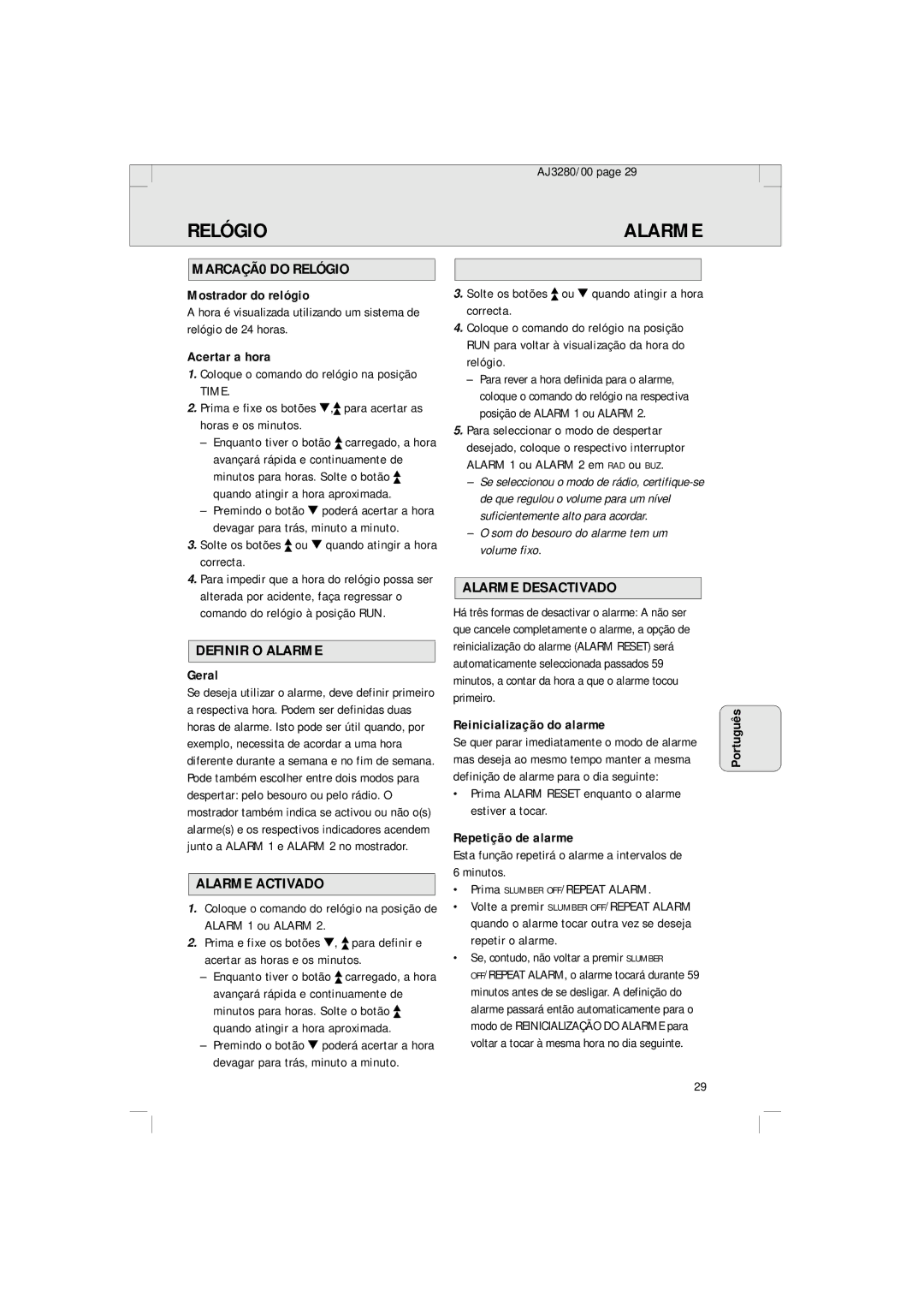 Philips AJ 3280 manual Relógio Alarme, MARCAÇÃ0 do Relógio, Definir O Alarme, Alarme Activado, Alarme Desactivado 