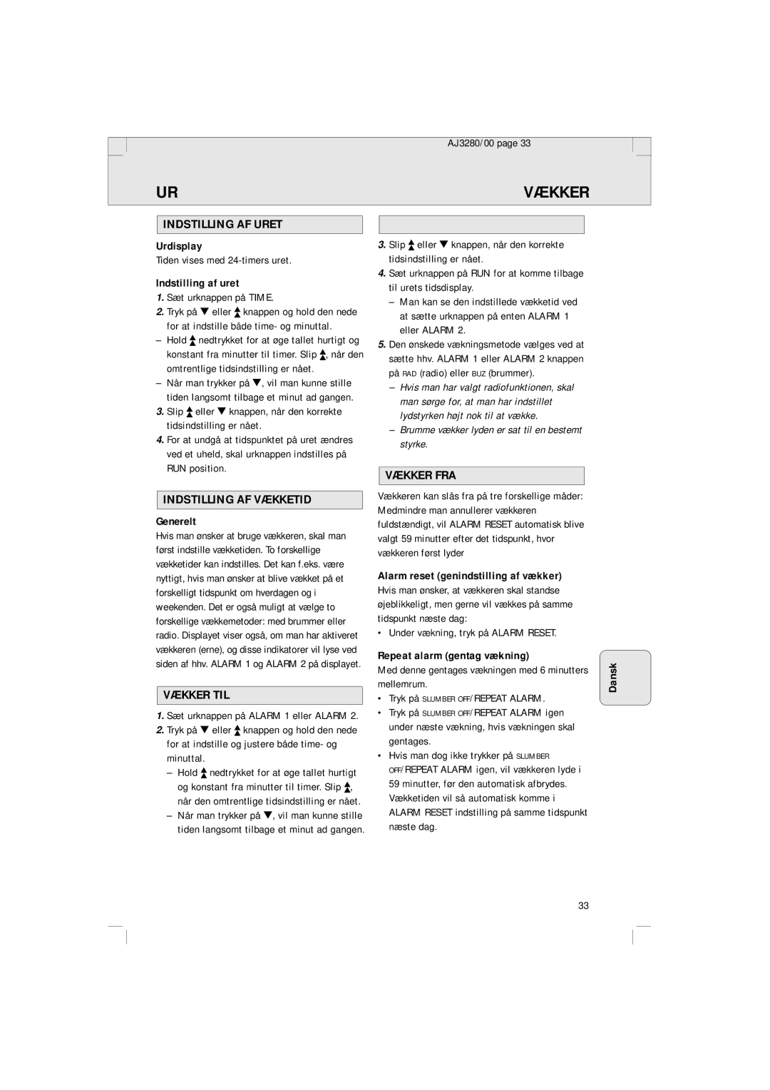 Philips AJ 3280 manual Indstilling AF Uret, Indstilling AF Vækketid, Vækker TIL, Vækker FRA 