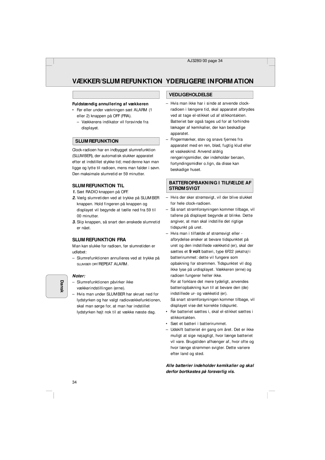 Philips AJ 3280 manual VÆKKER/SLUMREFUNKTION Yderligere Information 