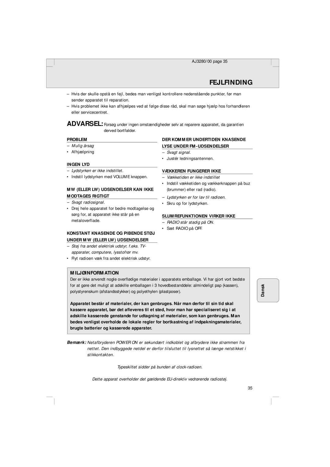 Philips AJ 3280 manual Fejlfinding, Miljøinformation 