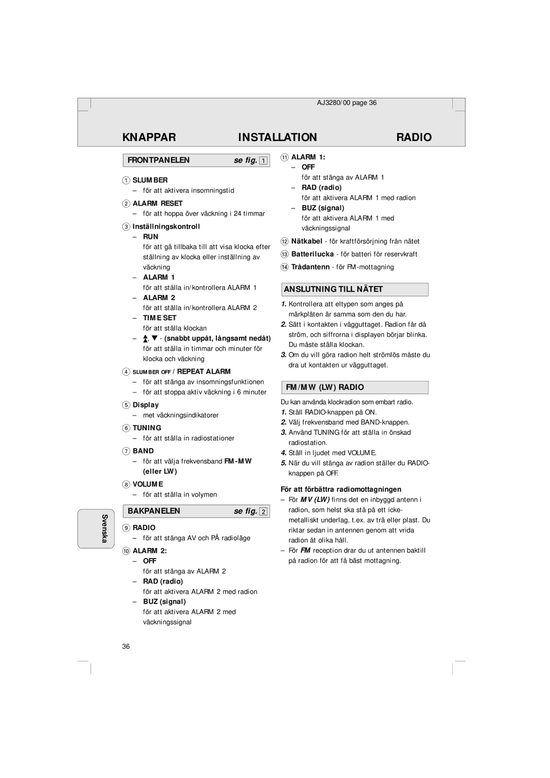 Philips AJ 3280 manual Knappar Installation, Frontpanelen, Bakpanelen, Anslutning Till Nätet 