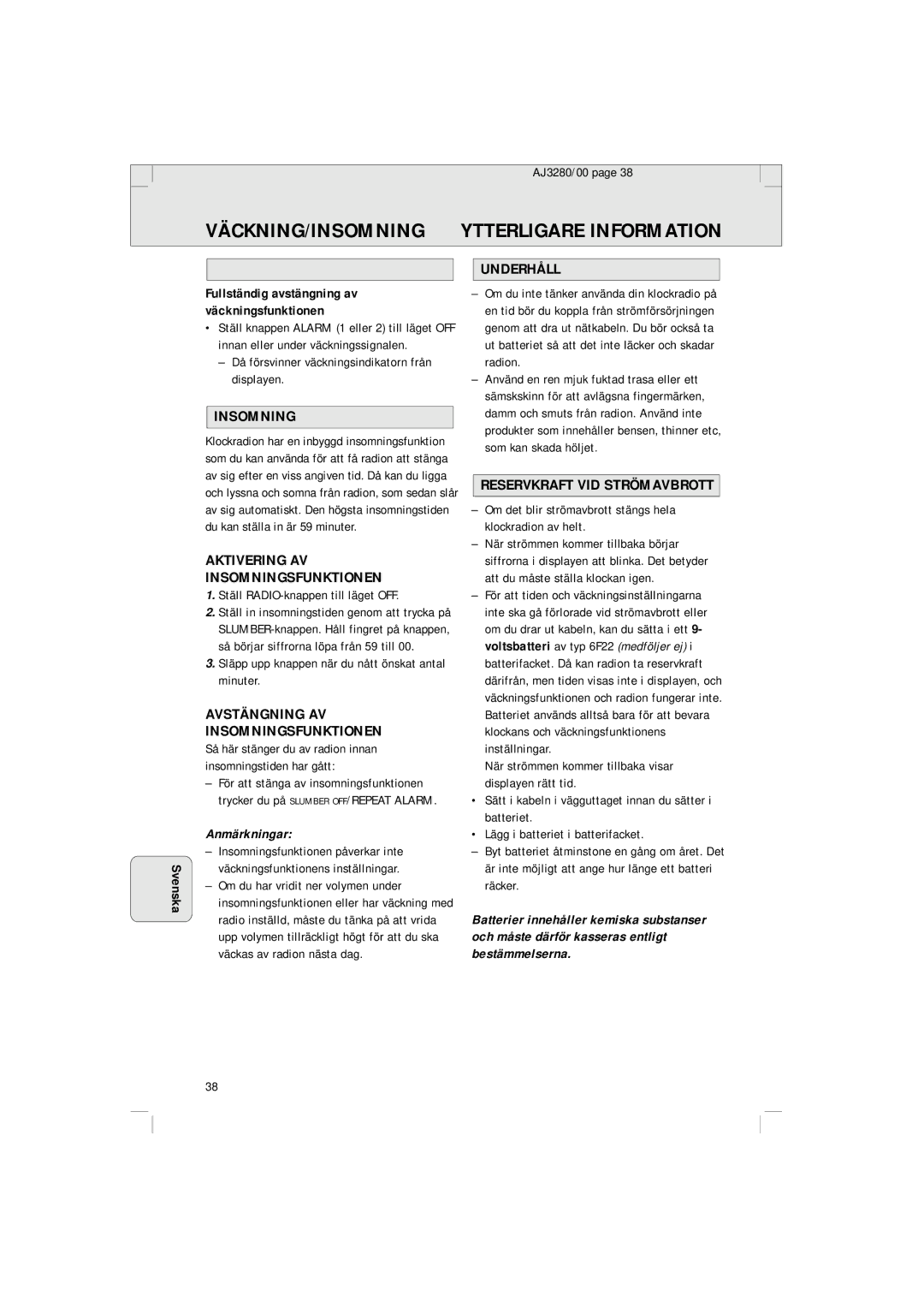 Philips AJ 3280 manual VÄCKNING/INSOMNING Ytterligare Information 