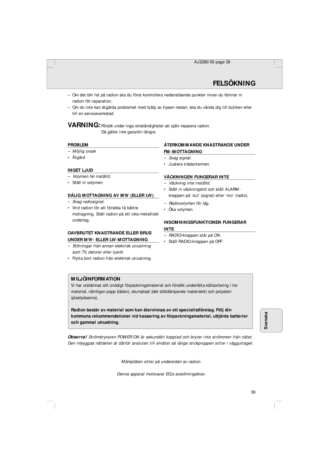 Philips AJ 3280 manual Felsökning, Miljöinformation 