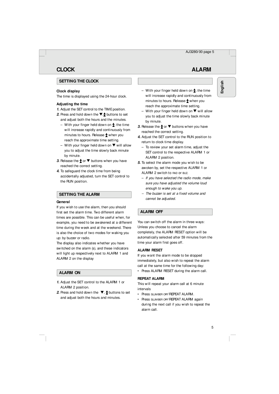 Philips AJ 3280 manual Setting the Clock, Setting the Alarm, Alarm on, Alarm OFF 