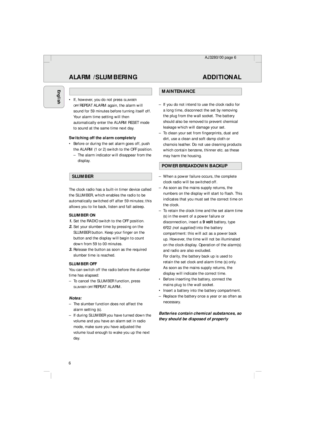 Philips AJ 3280 manual Alarm /SLUMBERING Additional, Maintenance, Slumber, Power Breakdown Backup 