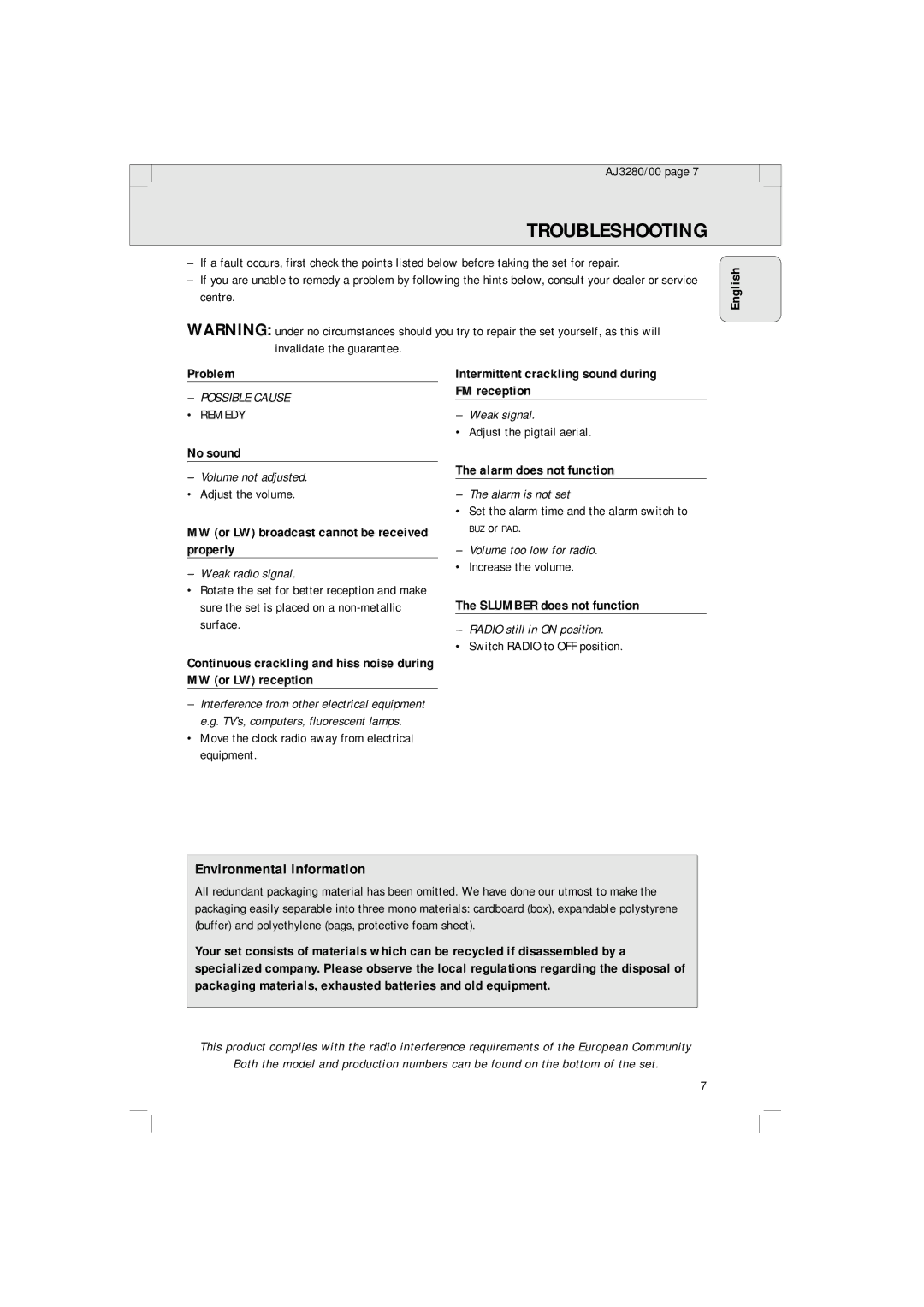 Philips AJ 3280 manual Troubleshooting 