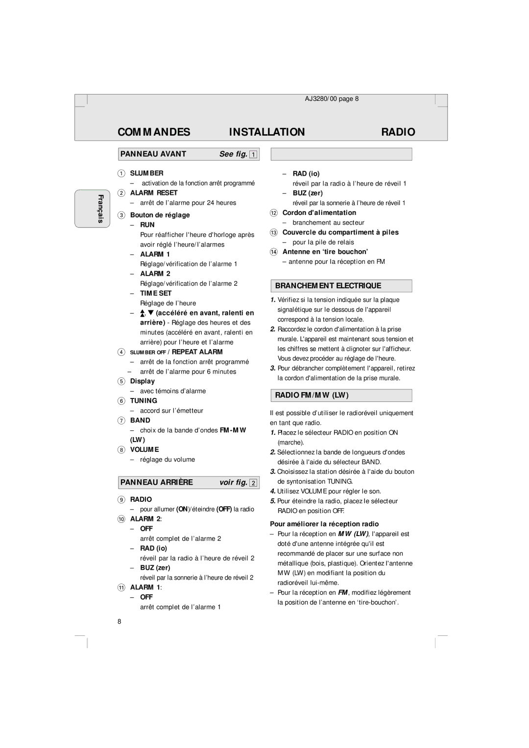 Philips AJ 3280 manual Commandes Installation, Voir fig 