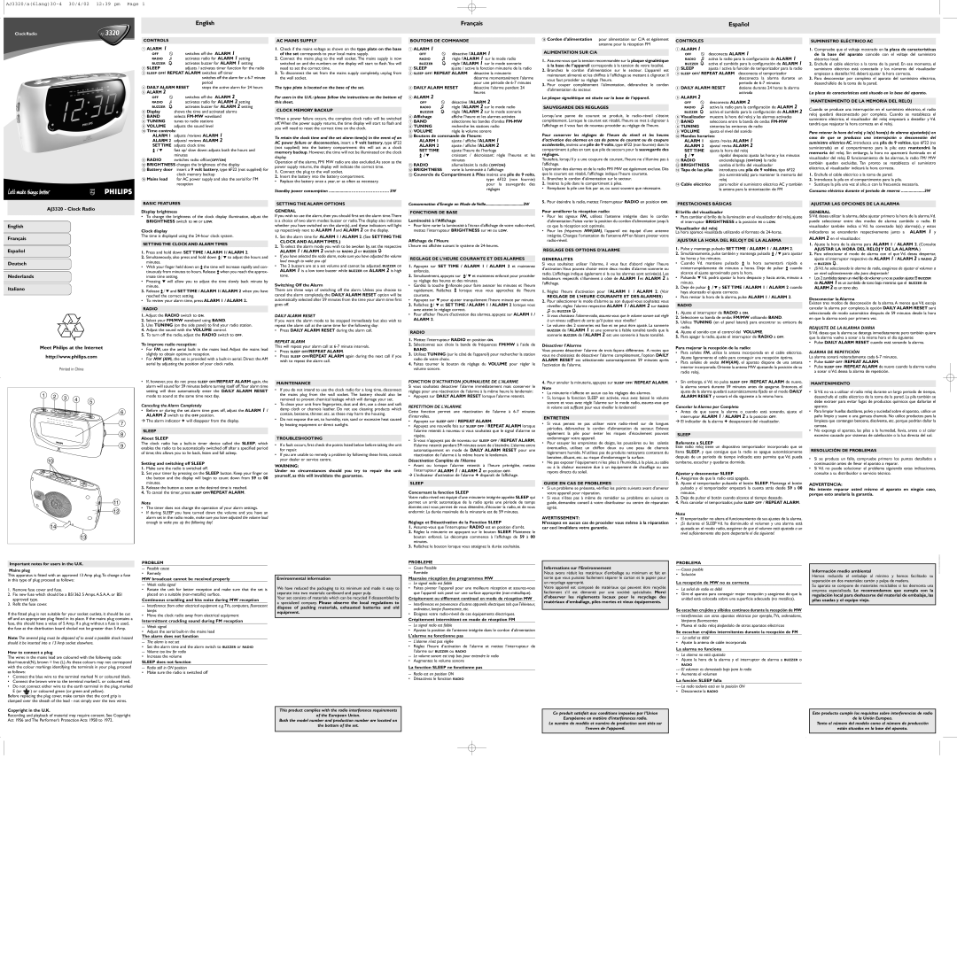 Philips AJ 3320 manual Canceling the Alarm Completely, Type plate is located on the base of the set, Nota 