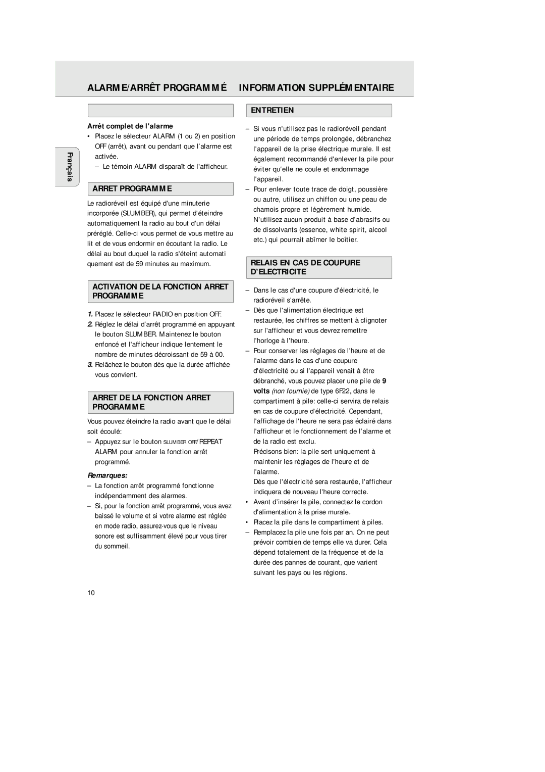 Philips AJ 3380 manual ALARME/ARRÊT Programmé Information Supplémentaire 