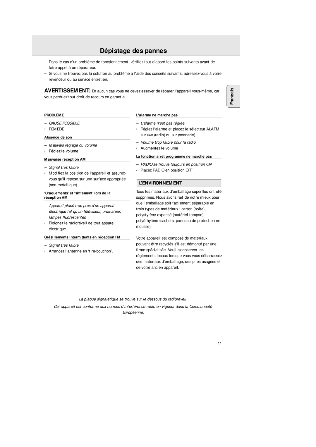 Philips AJ 3380 manual ’Environnement 