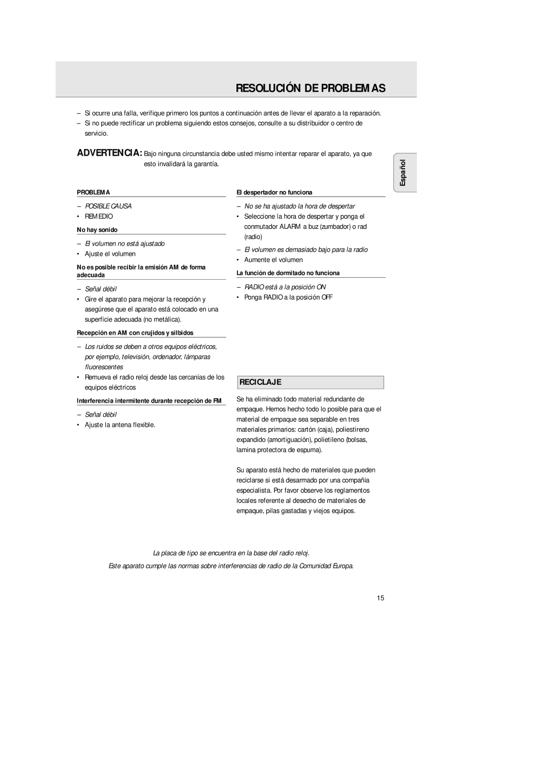 Philips AJ 3380 manual Resolución DE Problemas, Reciclaje 