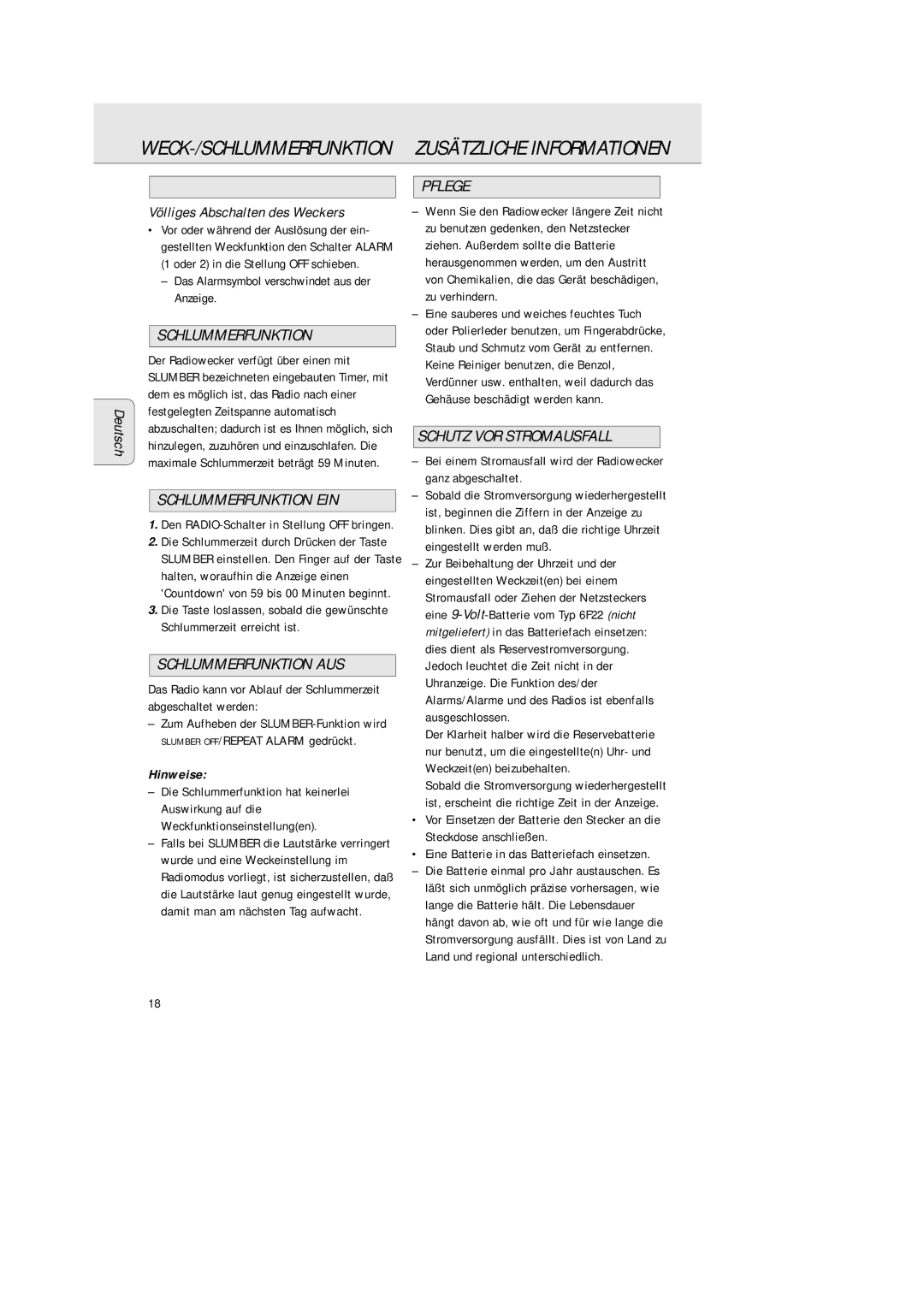 Philips AJ 3380 manual WECK-/SCHLUMMERFUNKTION Zusätzliche Informationen 