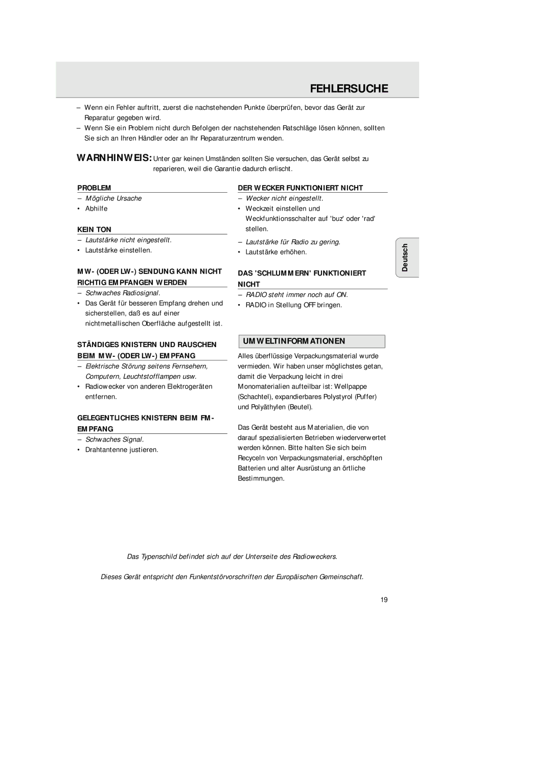 Philips AJ 3380 manual Fehlersuche, Umweltinformationen 