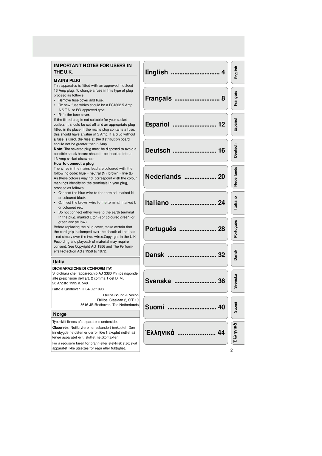 Philips AJ 3380 Important Notes for Users in the U.K, Mains Plug, How to connect a plug, Dichiarazione DI CONFORMITA’ 