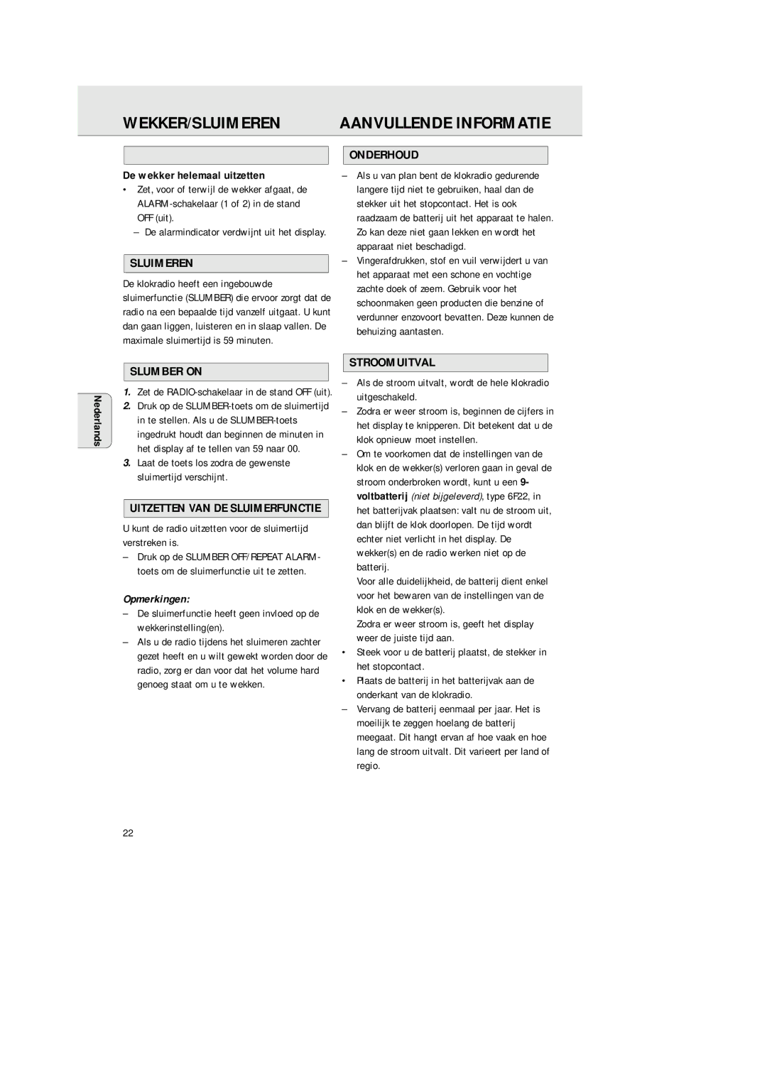 Philips AJ 3380 manual Wekker/Sluimeren, Aanvullende Informatie, Onderhoud, Stroomuitval 