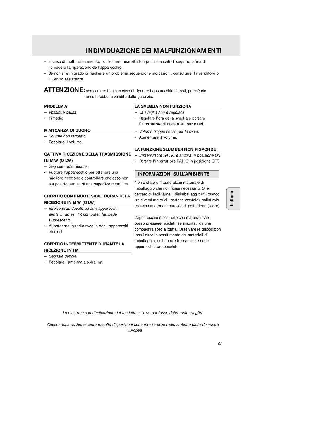 Philips AJ 3380 manual Individuazione DEI Malfunzionamenti, Informazioni SULL’AMBIENTE 
