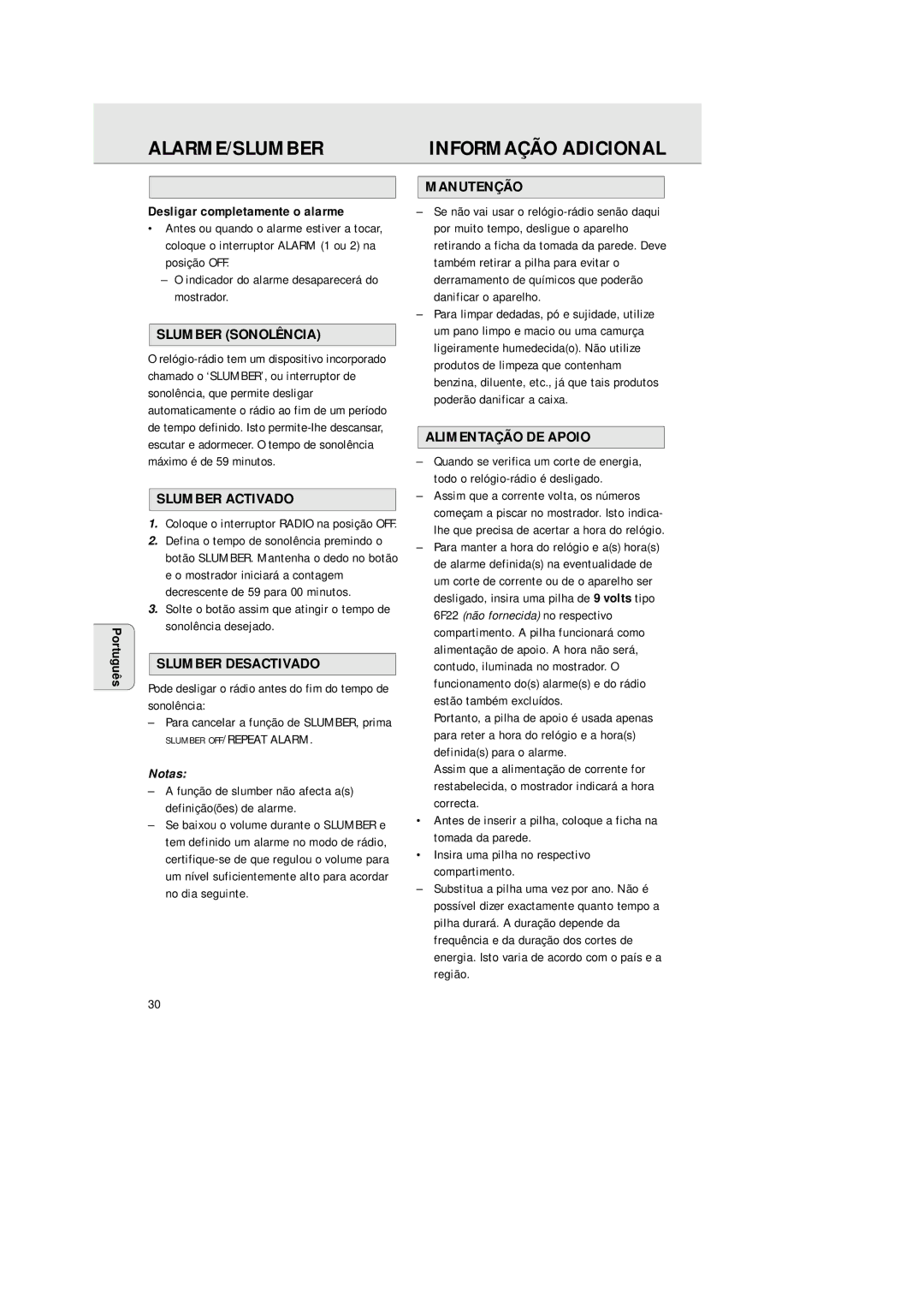 Philips AJ 3380 manual Alarme/Slumber, Informação Adicional 