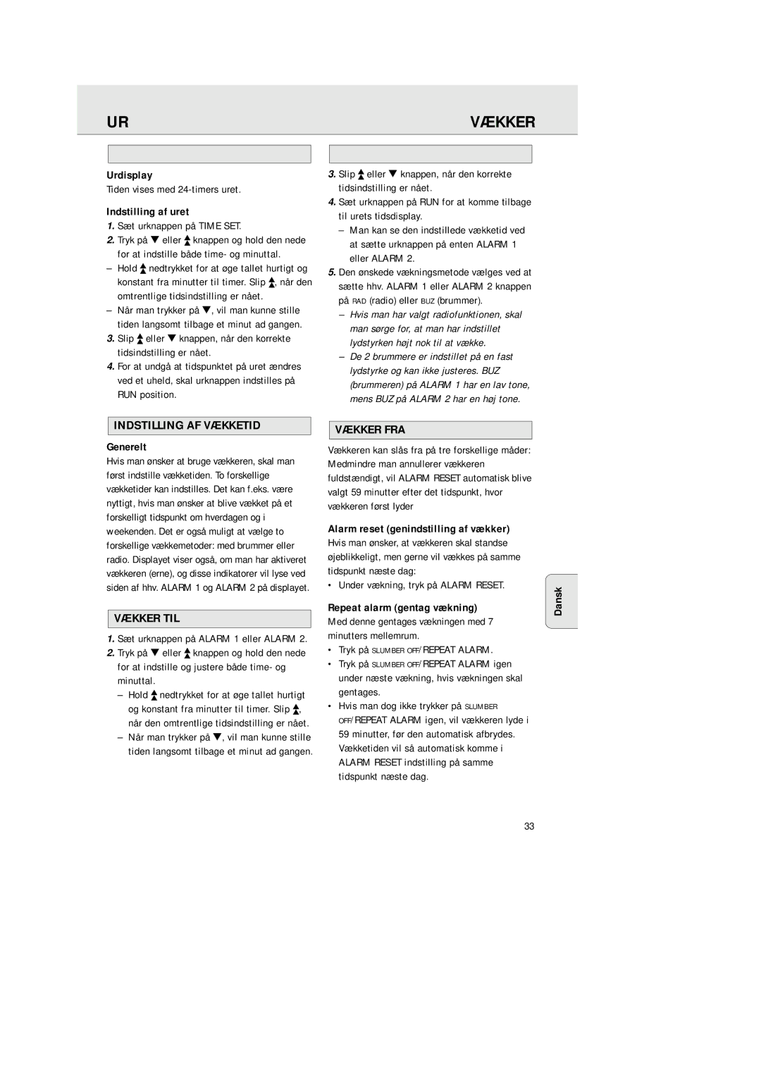 Philips AJ 3380 manual Indstilling AF Vækketid, Vækker TIL, Vækker FRA 
