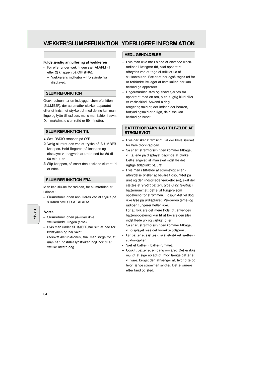Philips AJ 3380 manual VÆKKER/SLUMREFUNKTION Yderligere Information 