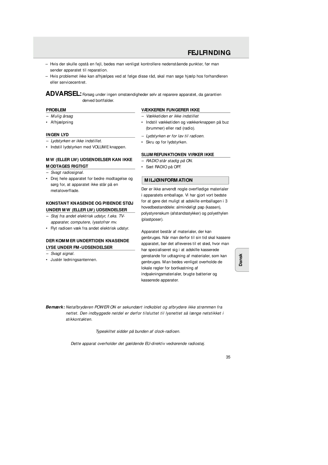 Philips AJ 3380 manual Fejlfinding, Miljøinformation 