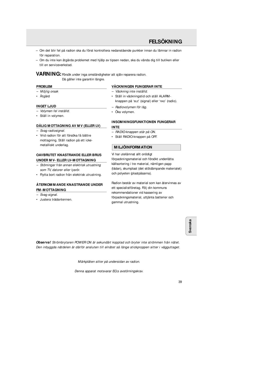 Philips AJ 3380 manual Felsökning, Miljöinformation 