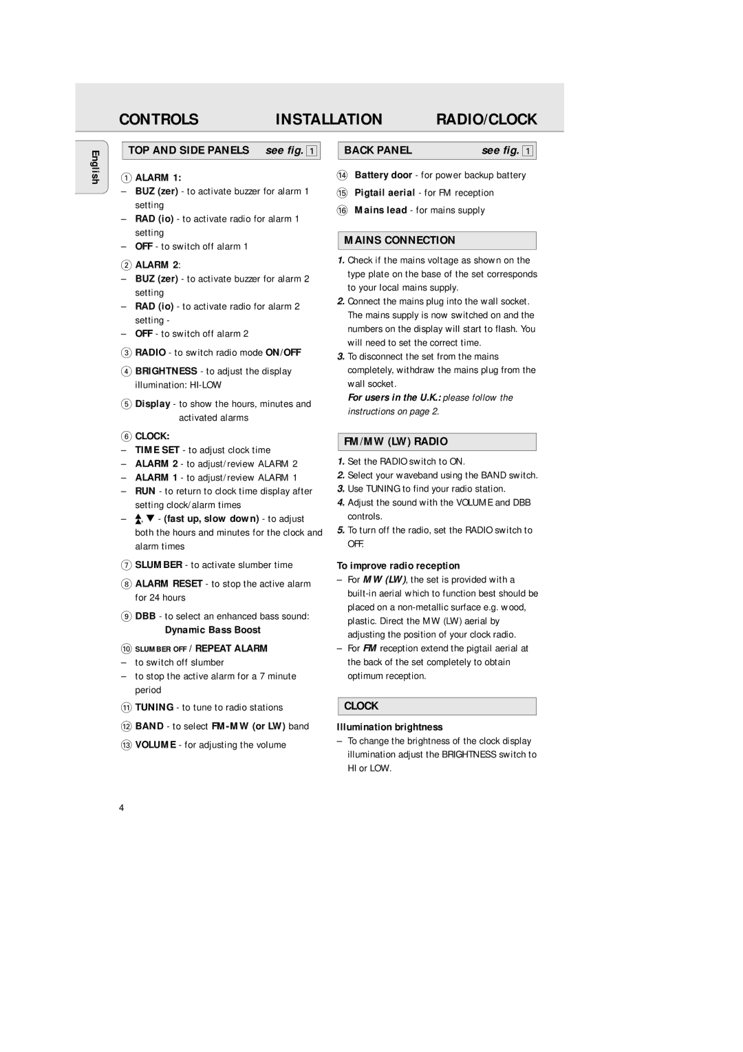 Philips AJ 3380 manual Controls Installation, Radio/Clock 