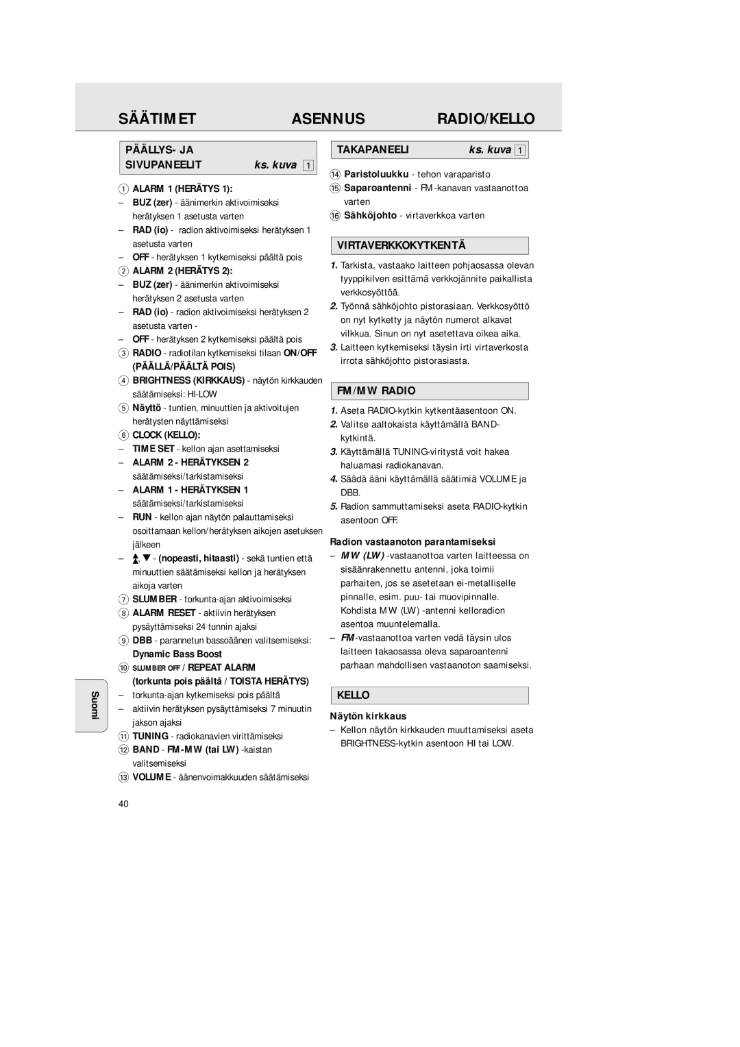 Philips AJ 3380 manual Säätimetasennus RADIO/KELLO, PÄÄLLYS- JA Sivupaneelit, Takapaneeli, Virtaverkkokytkentä, Kello 