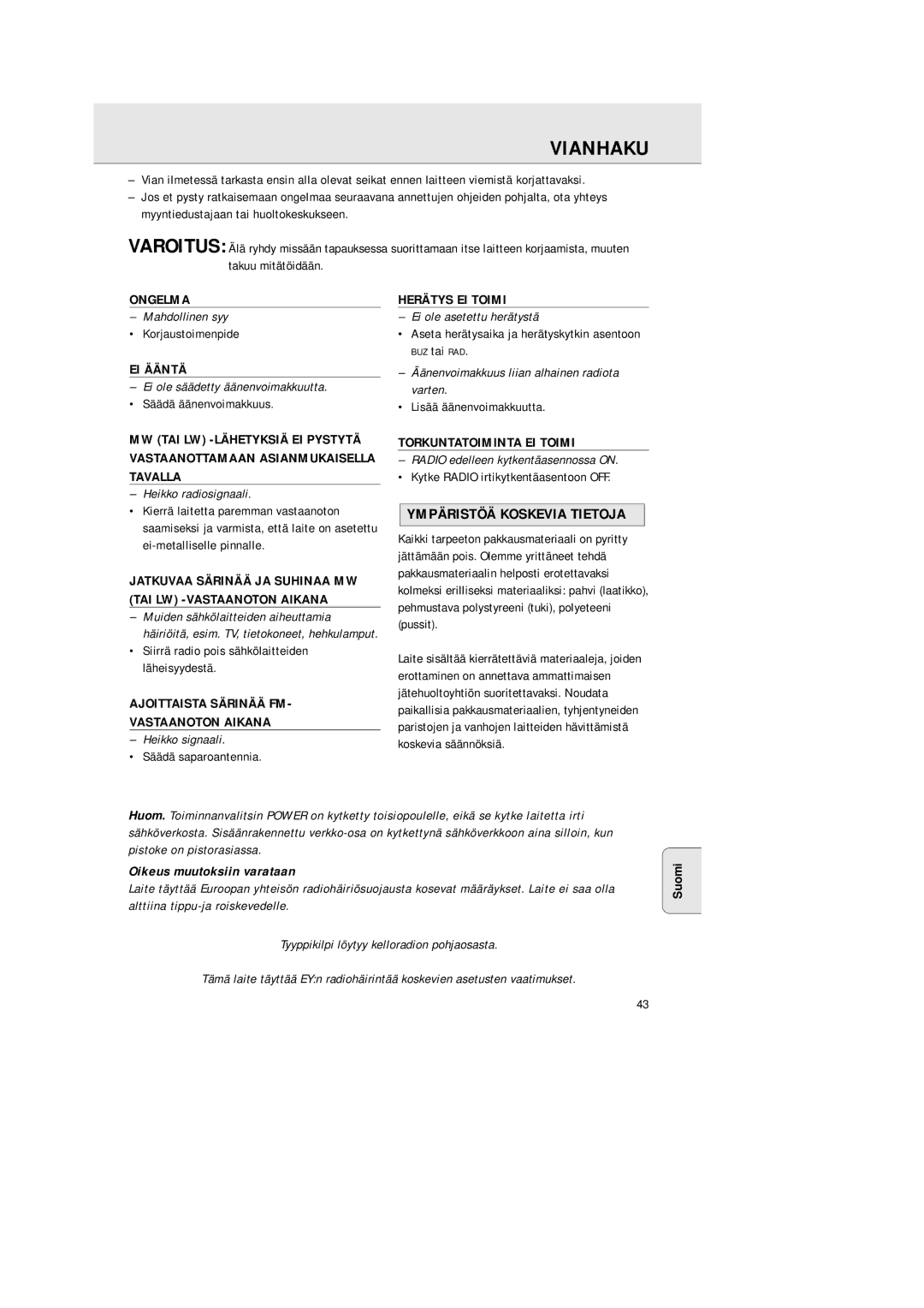 Philips AJ 3380 manual Vianhaku, Ympäristöä Koskevia Tietoja, Oikeus muutoksiin varataan 