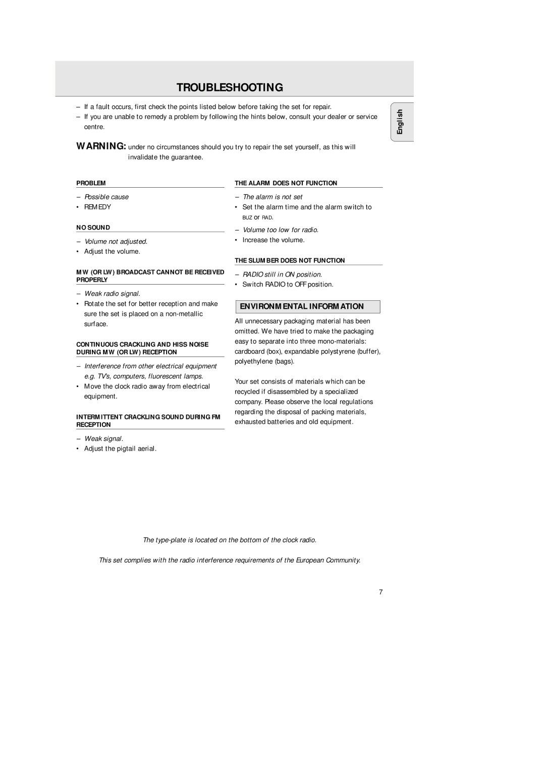 Philips AJ 3380 manual Troubleshooting, Environmental Information 