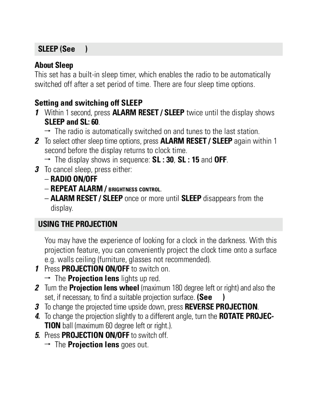 Philips AJ 3600 user manual Sleep See About Sleep, Setting and switching off Sleep, Sleep and SL, Using the Projection 