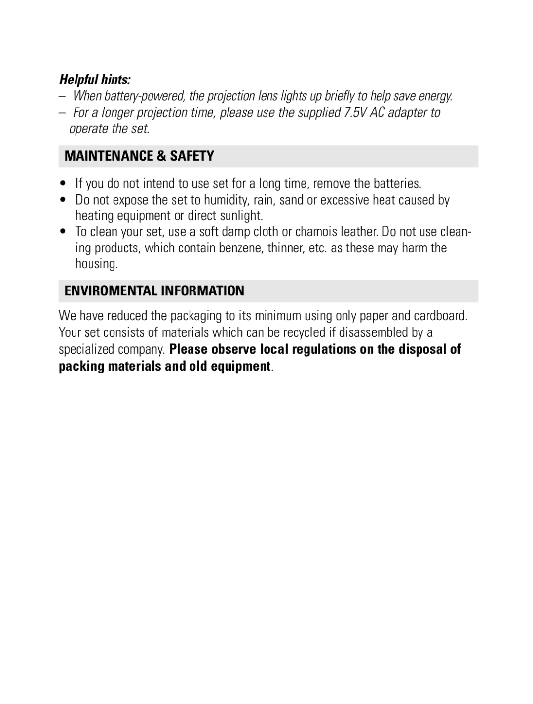 Philips AJ 3600 user manual Maintenance & Safety, Enviromental Information 