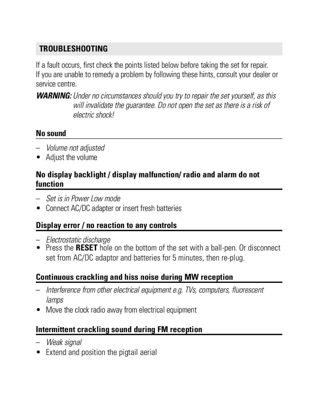 Philips AJ 3600 user manual Troubleshooting, No sound, Display error / no reaction to any controls 