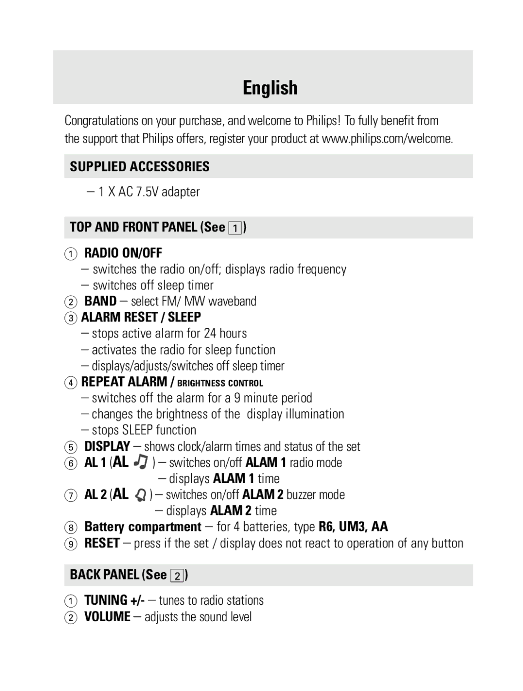 Philips AJ 3600 user manual Supplied Accessories, Radio ON/OFF, Alarm Reset / Sleep 