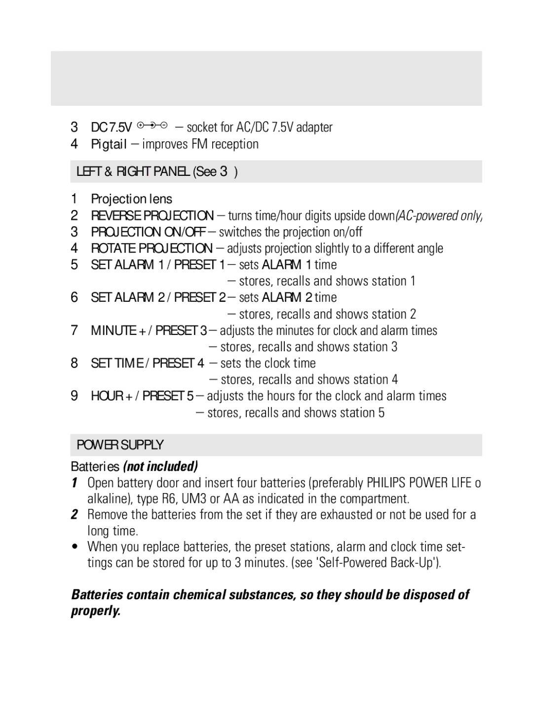 Philips AJ 3600 user manual Left & Right Panel See Projection lens, SET Alarm 2 / Preset 2 sets Alarm 2 time, Power Supply 