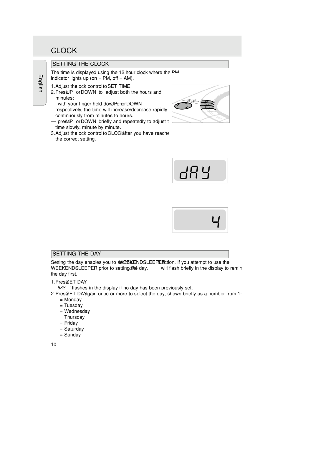 Philips AJ 3936 manual Setting the Clock, Setting the DAY, Adjust the clock control to SET Time 