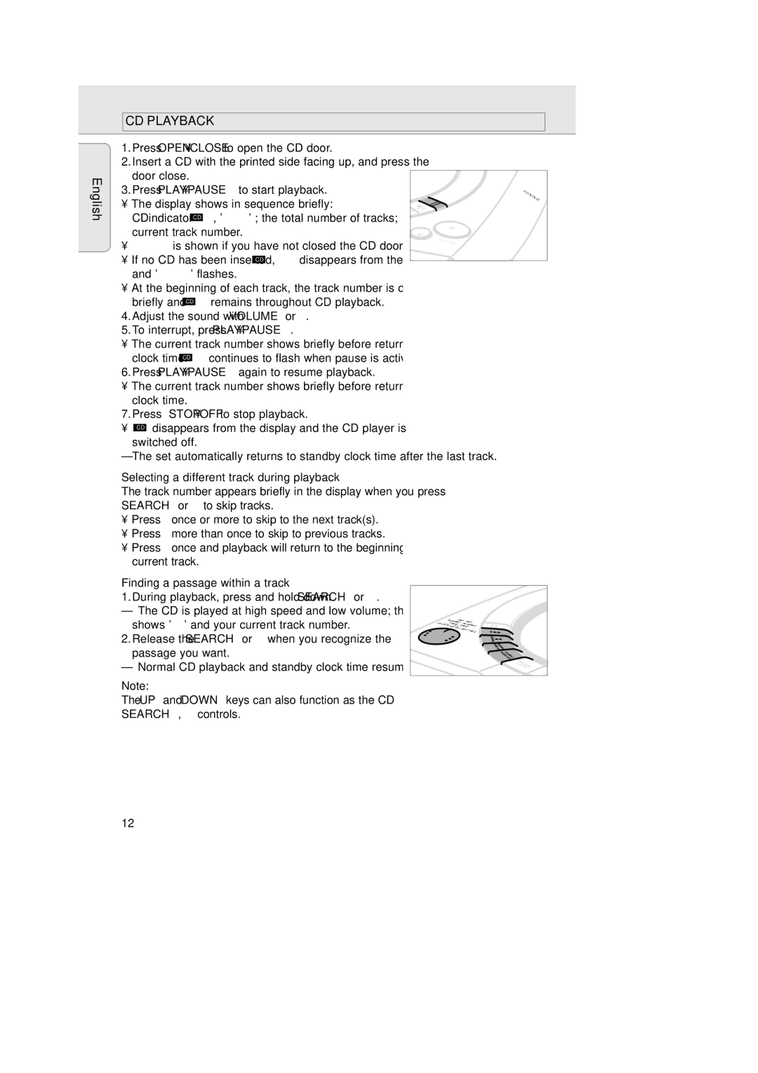 Philips AJ 3936 manual CD Playback, Selecting a different track during playback, Finding a passage within a track 