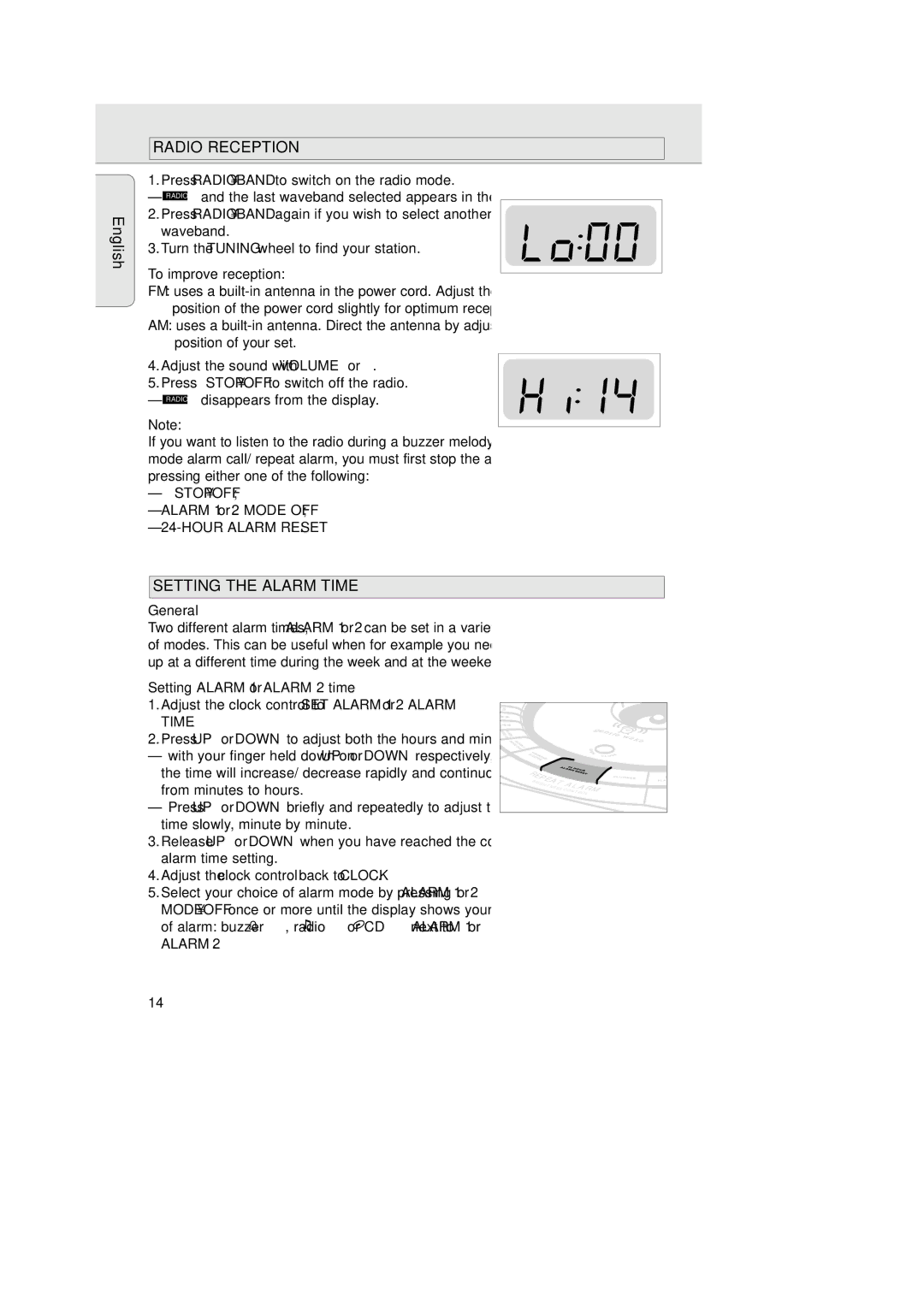 Philips AJ 3936 manual Radio Reception, Setting the Alarm Time 