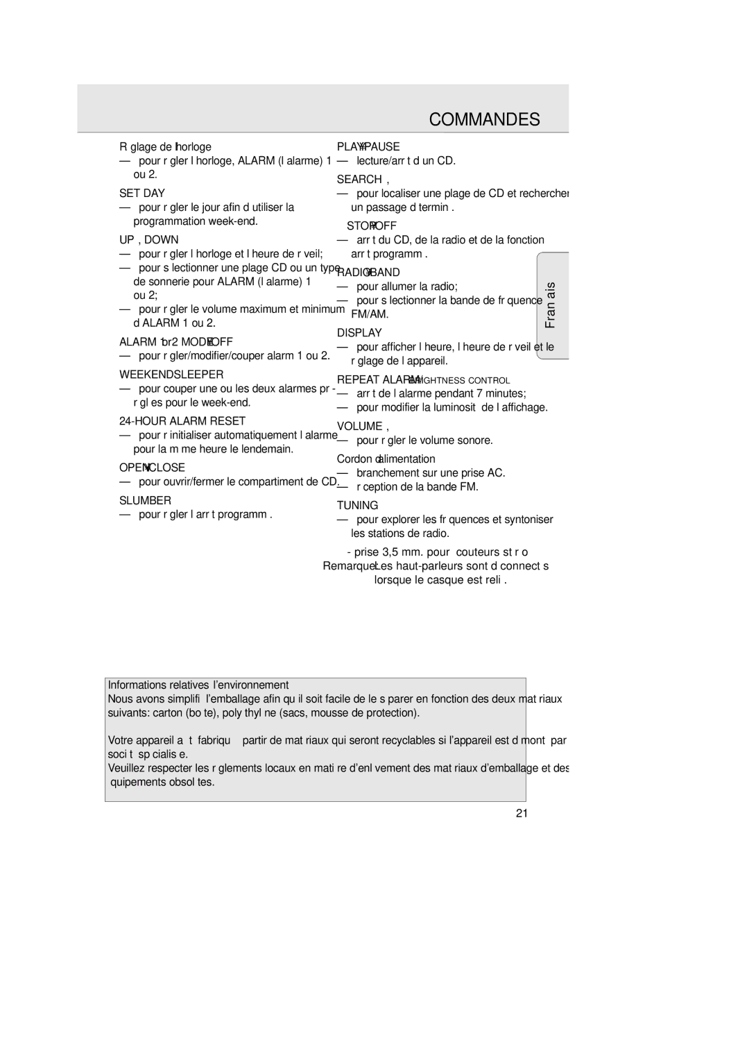 Philips AJ 3936 manual Commandes, Réglage de l’horloge, Cordon d’alimentation, Informations relatives à lenvironnement 