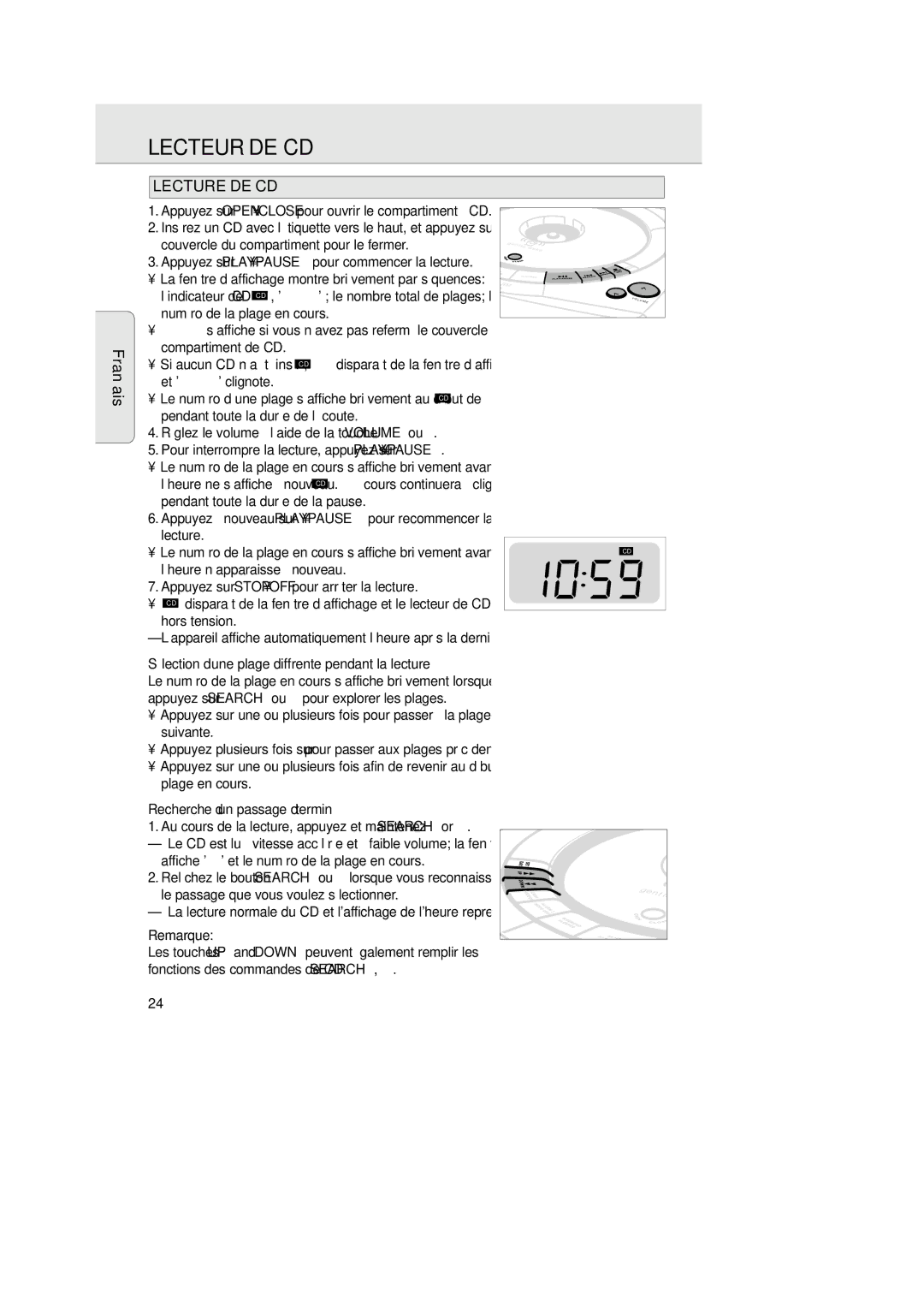 Philips AJ 3936 manual Lecteur DE CD, Lecture DE CD, Sélection d’une plage différente pendant la lecture 