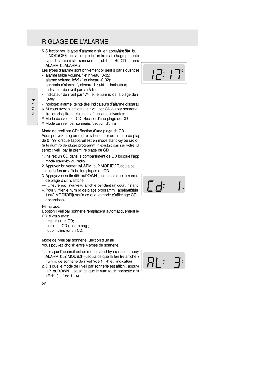 Philips AJ 3936 manual Réglage DE Lalarme, Alarm 1 ou Alarm, Vous pouvez choisir entre 4 types de sonnerie 