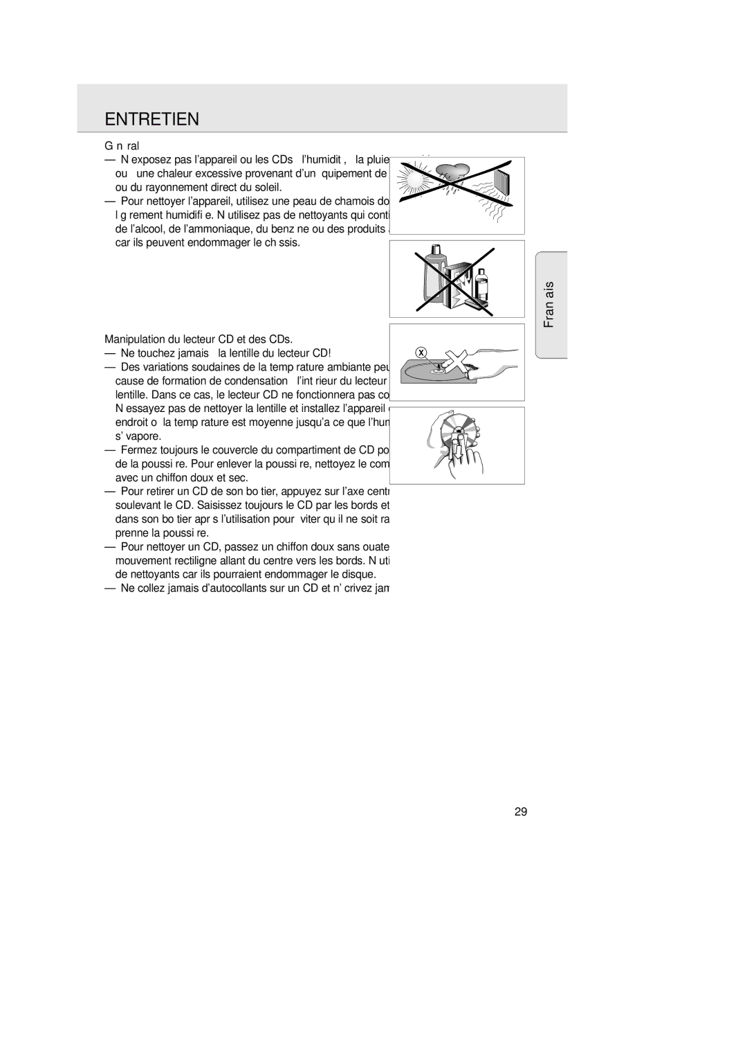 Philips AJ 3936 Entretien, Manipulation du lecteur CD et des CDs, Ne touchez jamais à la lentille du lecteur CD, Sévapore 